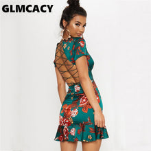 Load image into Gallery viewer, Women Green Criss Cross Back Frill Hem Shift Dress Streetwear Sheath Flora Print Short Sleeve Above Knee Mini Summer Party Dress